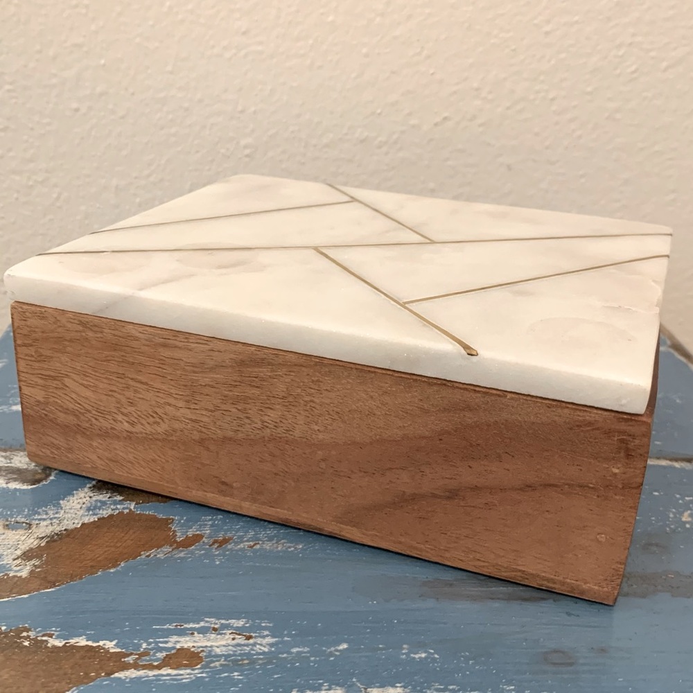 Theory Design Marble and Acacia Trinket Box with Antique Brass Inlay